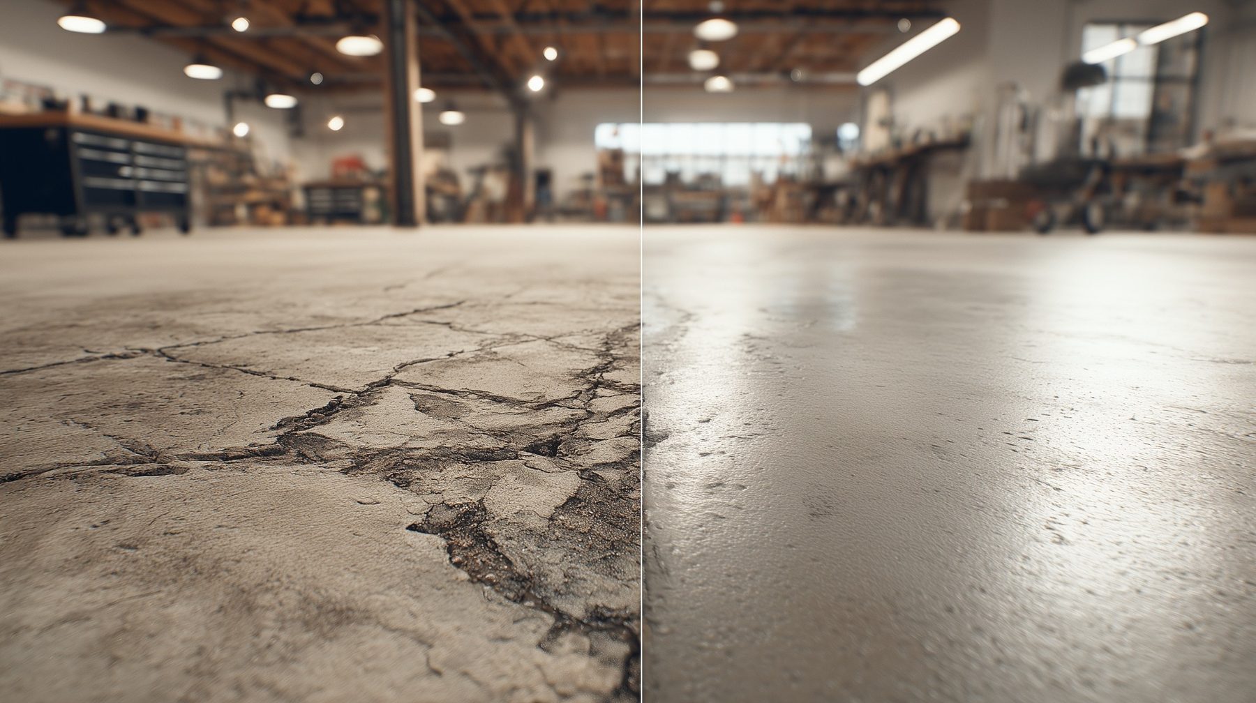 Before-and-after comparison of cracked concrete and a smooth renewed concrete surface