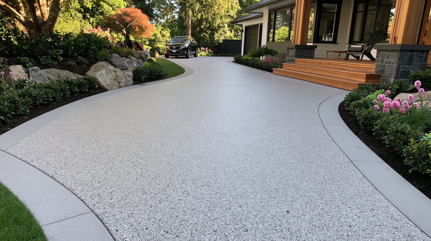 Exposed aggregate residential driveway with smooth concrete borders and landscaping