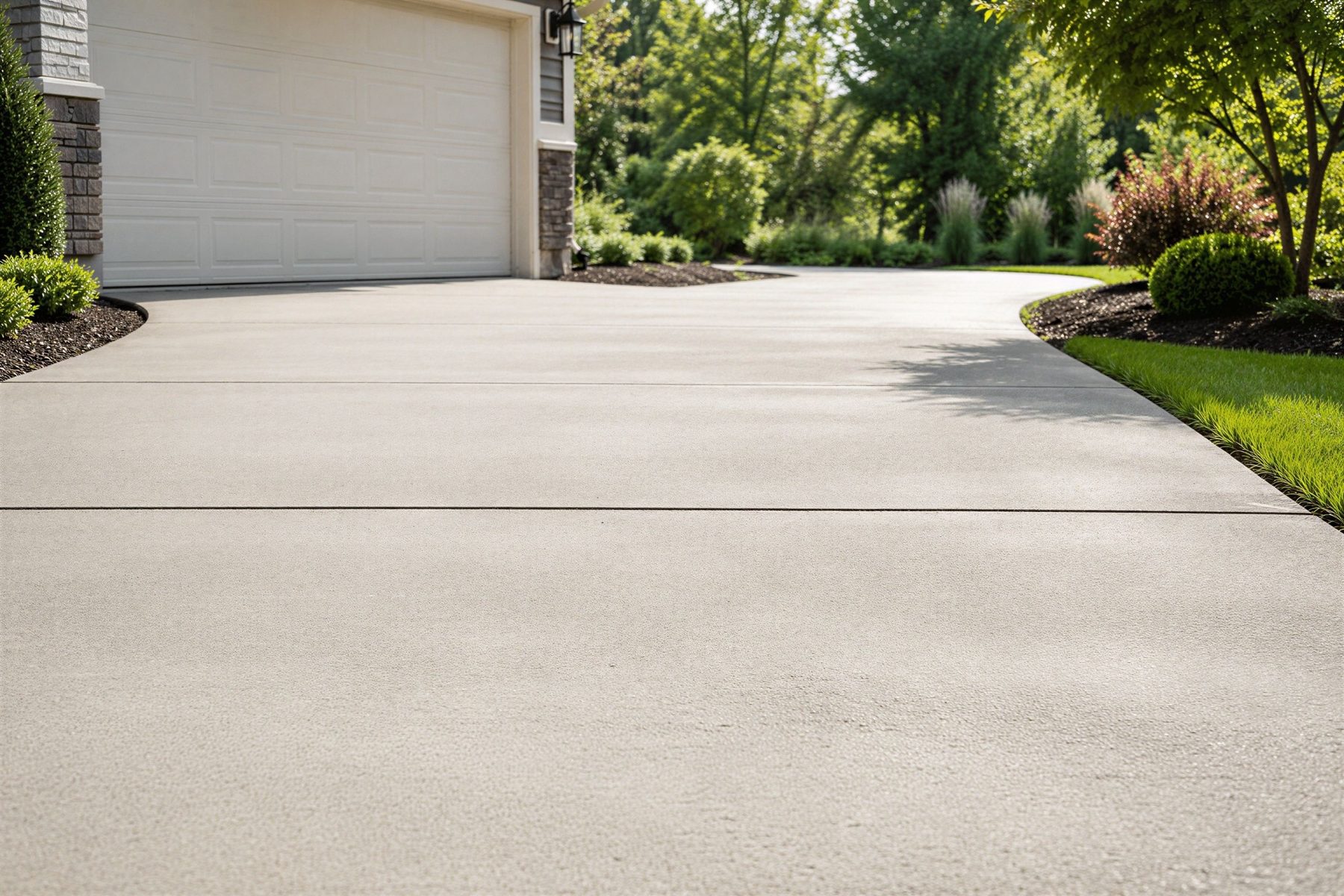 Finished residential concrete driveway with clean control joints and landscaped borders