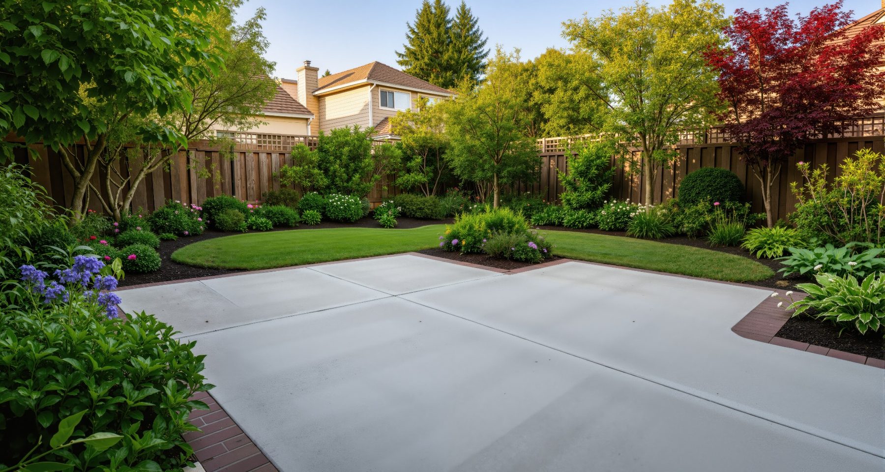 Finished residential concrete patio surrounded by landscaped gardens