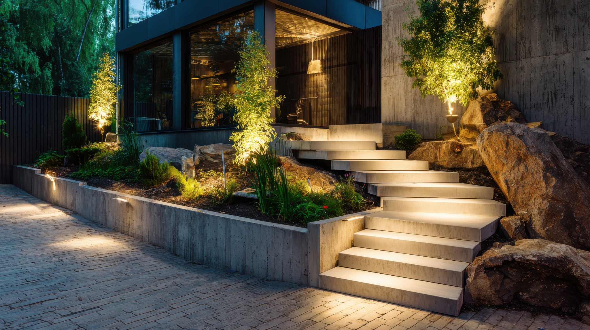 Illuminated concrete steps and landscaping beside a modern home
