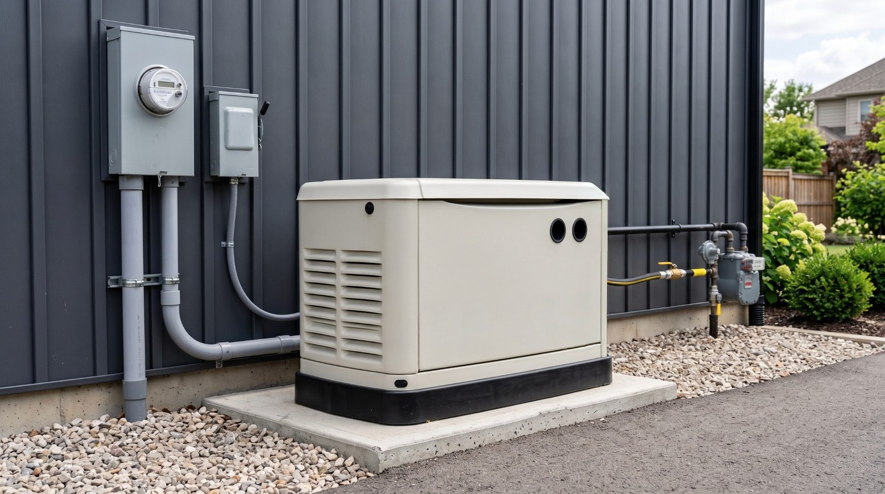 Residential generator installed on a concrete equipment pad